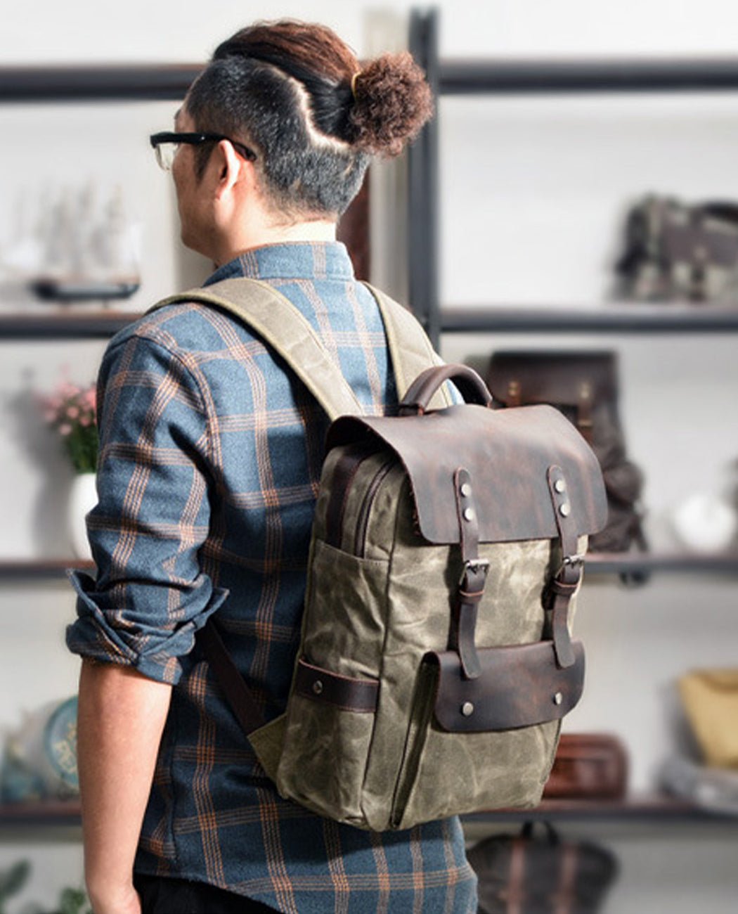 Leather Flip Canvas Backpack