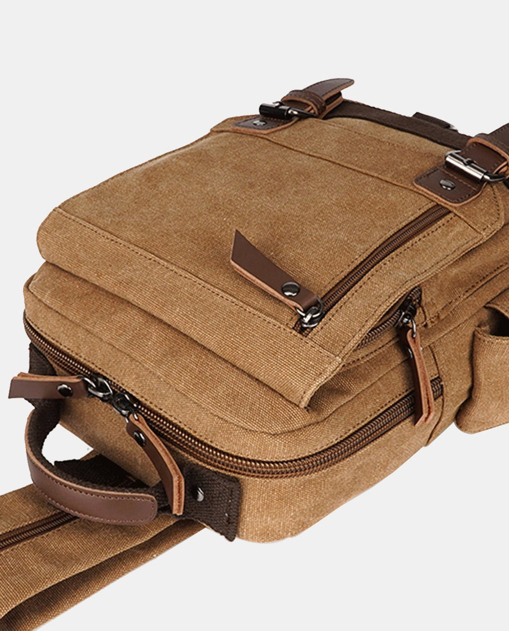 Upside view of khaki canvas laptop backpack