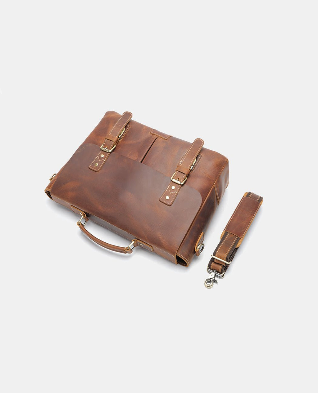 Bird view of the brown leather Anchor Messenger Bag for men.