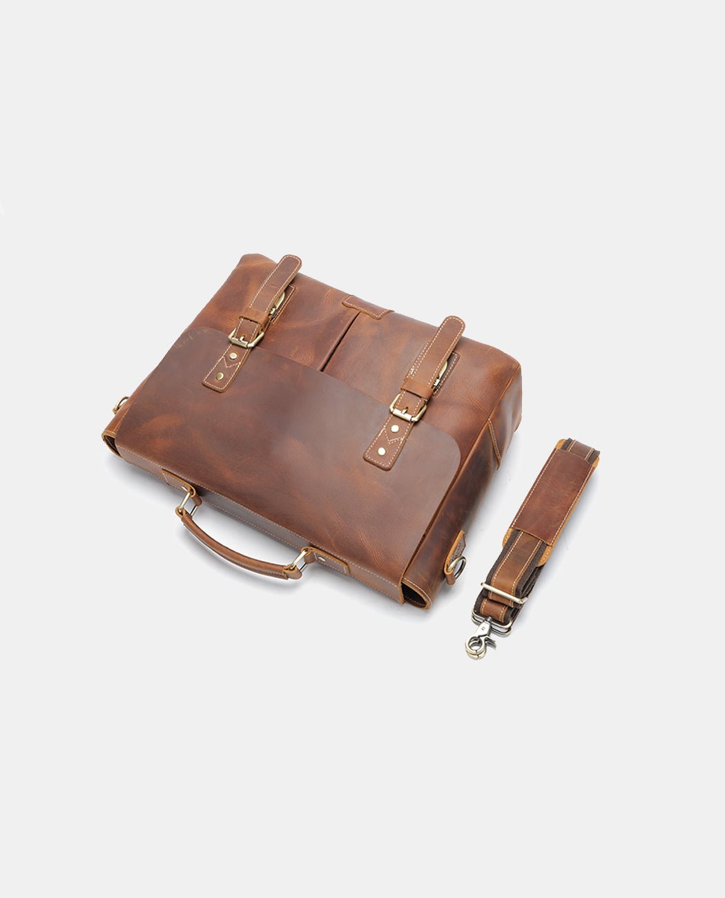 Bird view of the brown leather Anchor Messenger Bag for men.