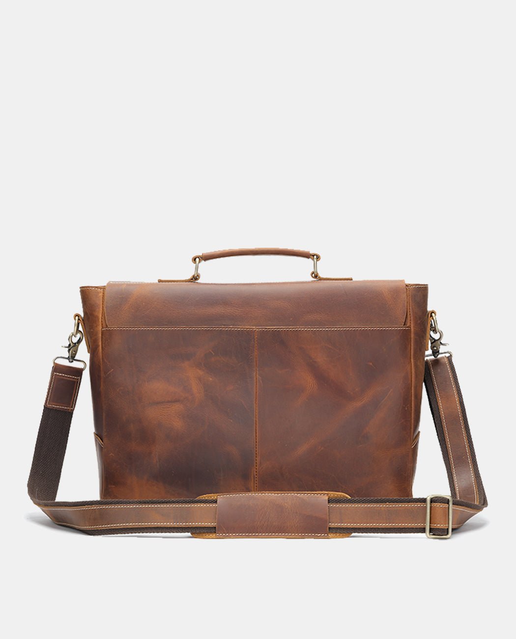 Back view of the brown leather Anchor Messenger Bag for men.