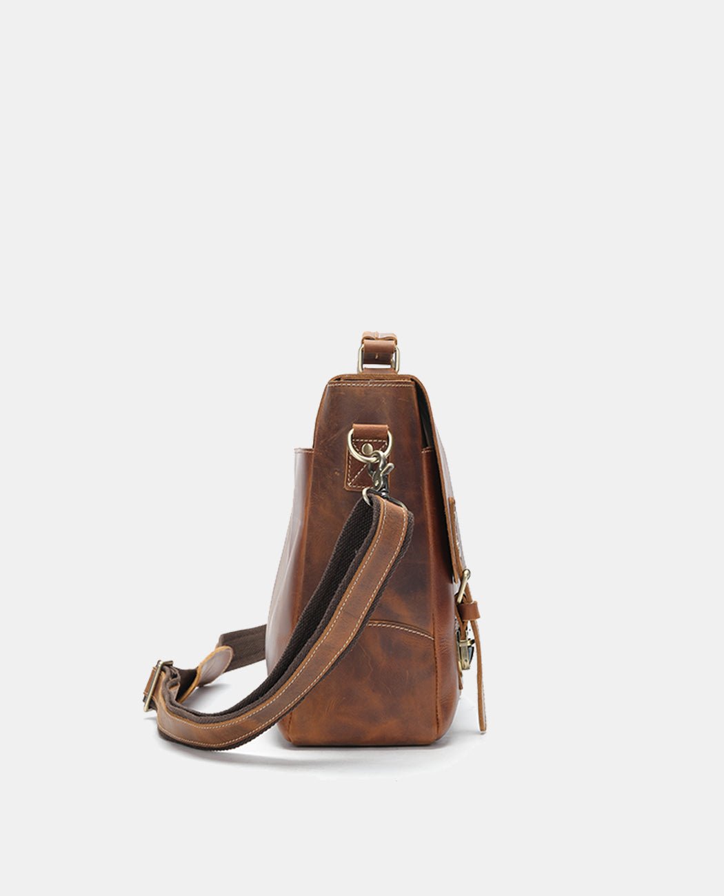 Side view of the brown leather Anchor Messenger Bag for men.