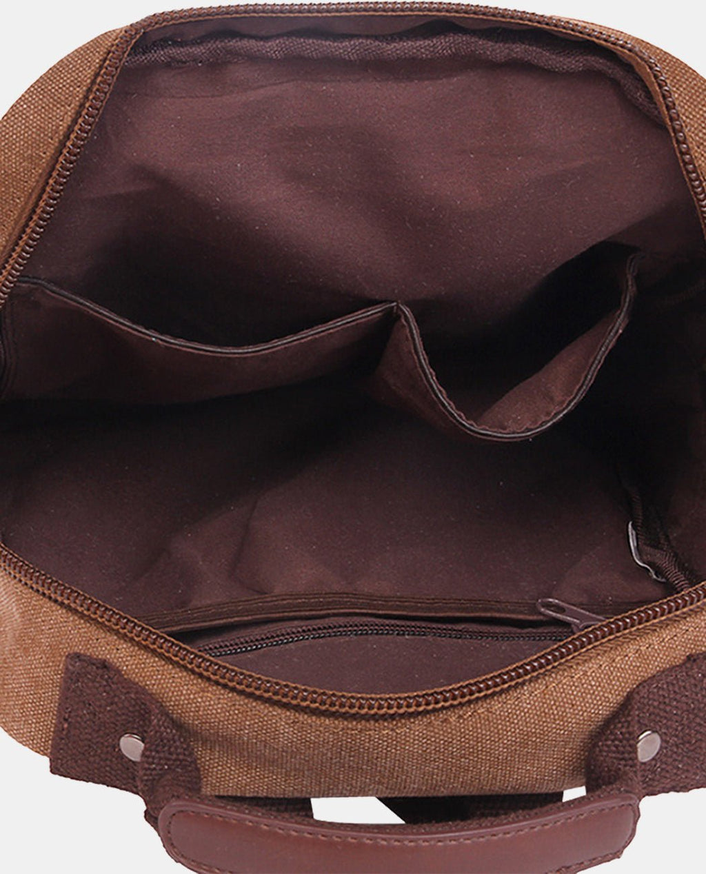 Interior of khaki canvas laptop backpack