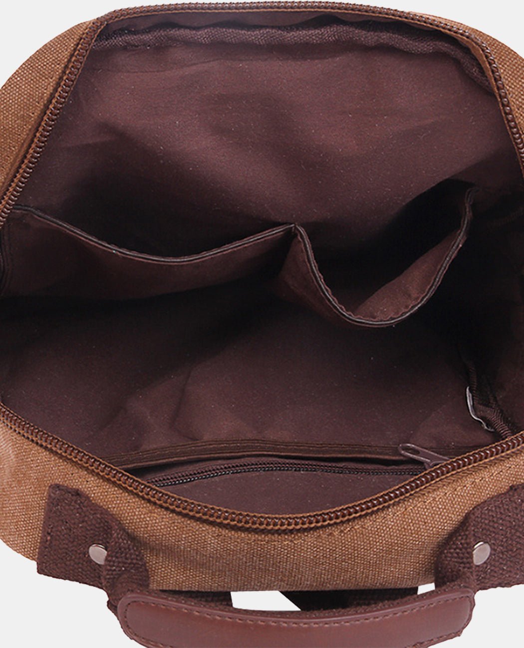 Interior of khaki canvas laptop backpack