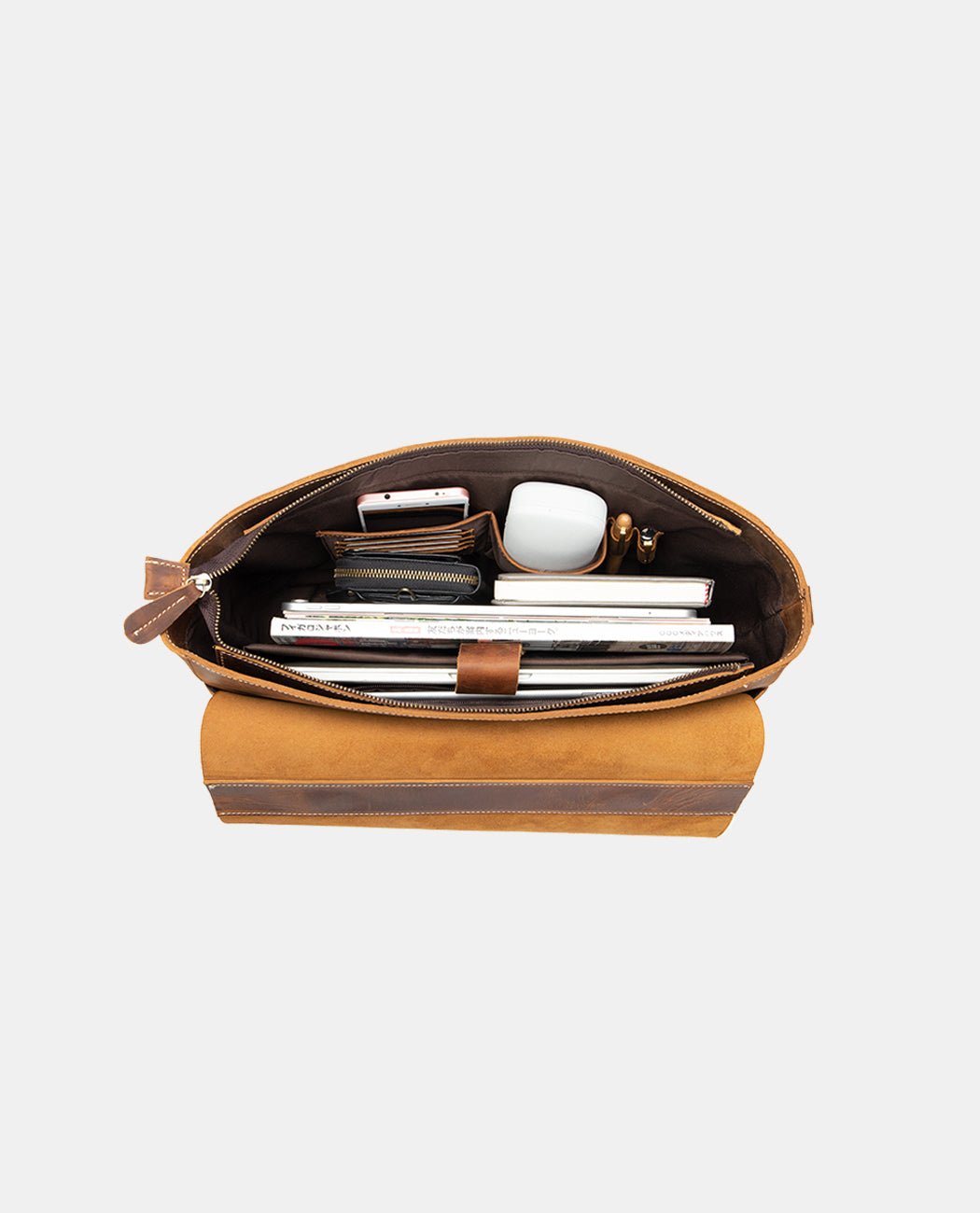 Interior of the Anchor Briefcase showing the padded laptop sleeve and organization pockets.