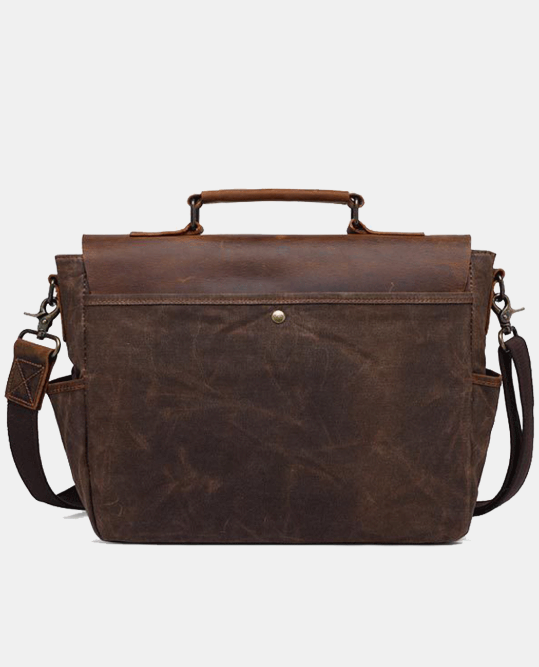 Back view of brown canvas messenger bag with leather flap