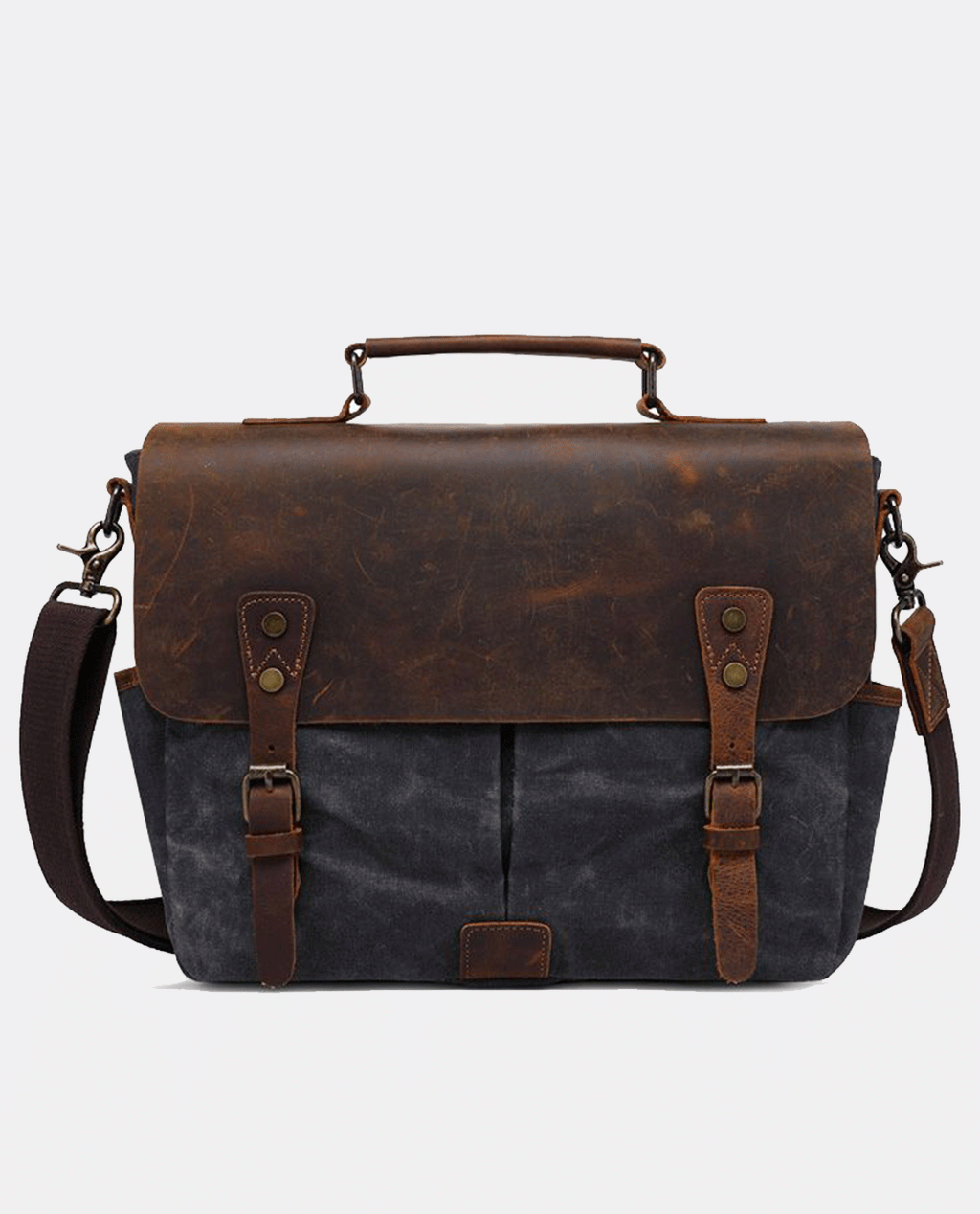 Front view of brown canvas messenger bag with leather flap black