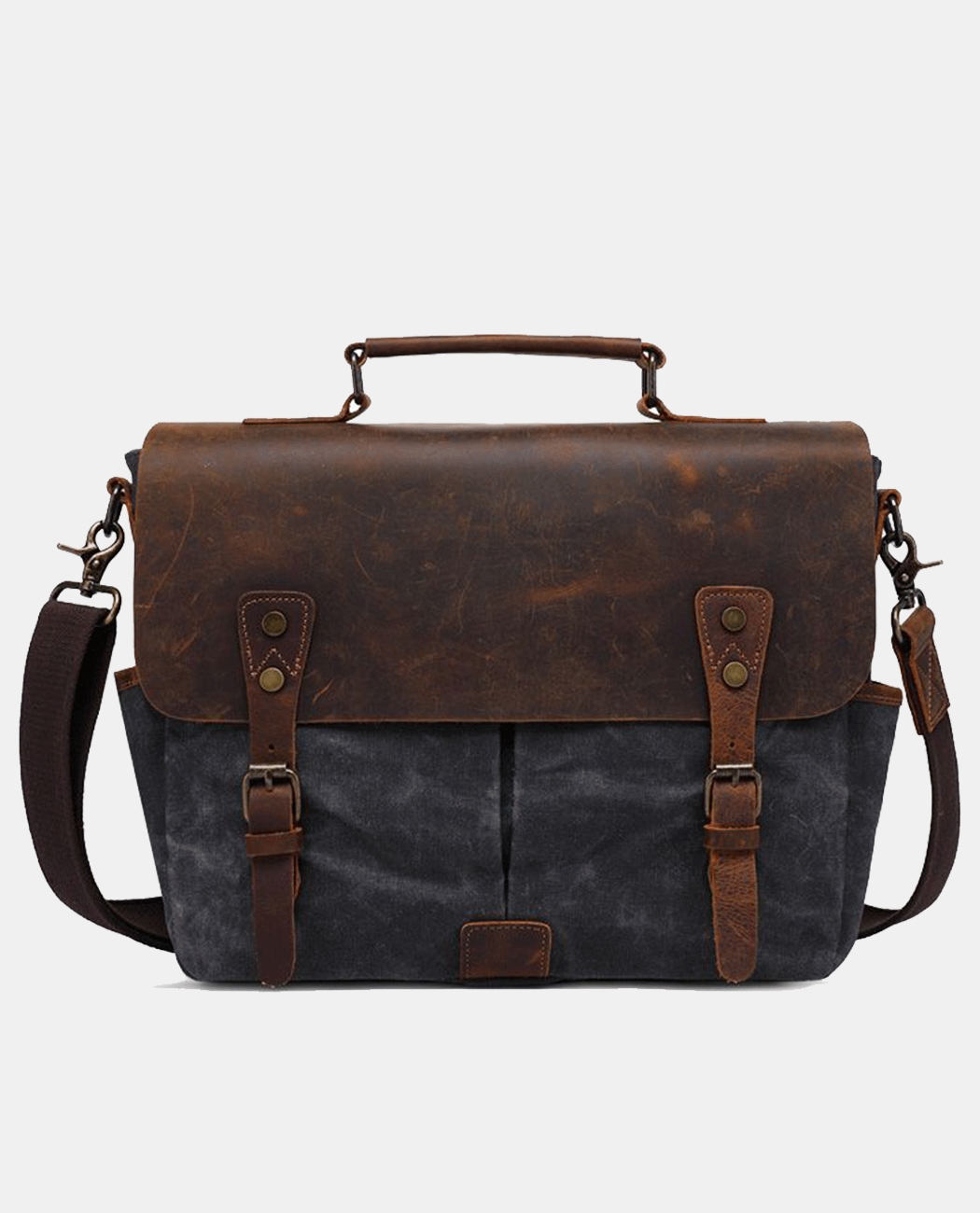 Front view of brown canvas messenger bag with leather flap black