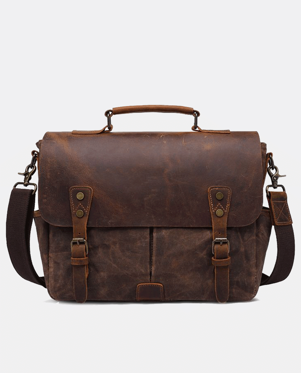 Front view of brown canvas messenger bag with leather flap