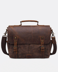 Front view of brown canvas messenger bag with leather flap
