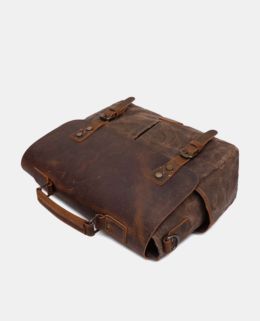 Upside view of brown canvas messenger bag with leather flap