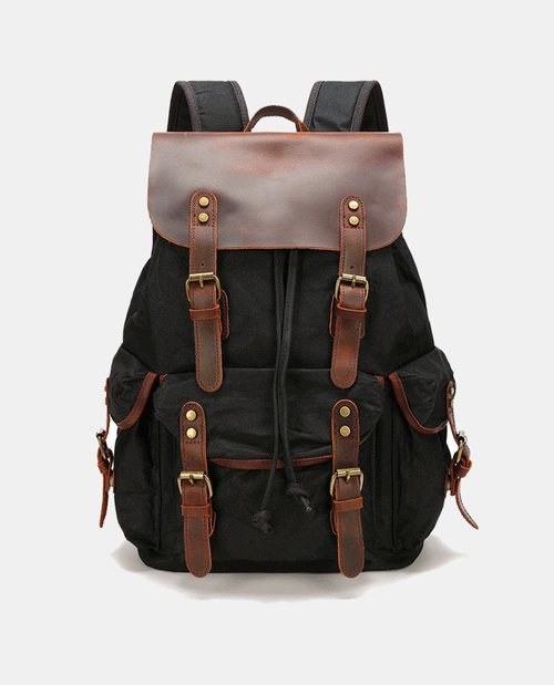 Classic Leather Flip Canvas Backpack -Backpacks- BAGHUGS-BY1424-Black