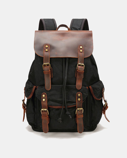 Classic Leather Flip Canvas Backpack -Backpacks- BAGHUGS-BY1424-Black