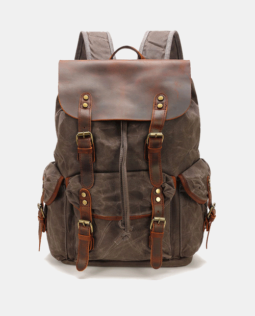 Classic Leather Flip Canvas Backpack -Backpacks- BAGHUGS-BY1427-Gray