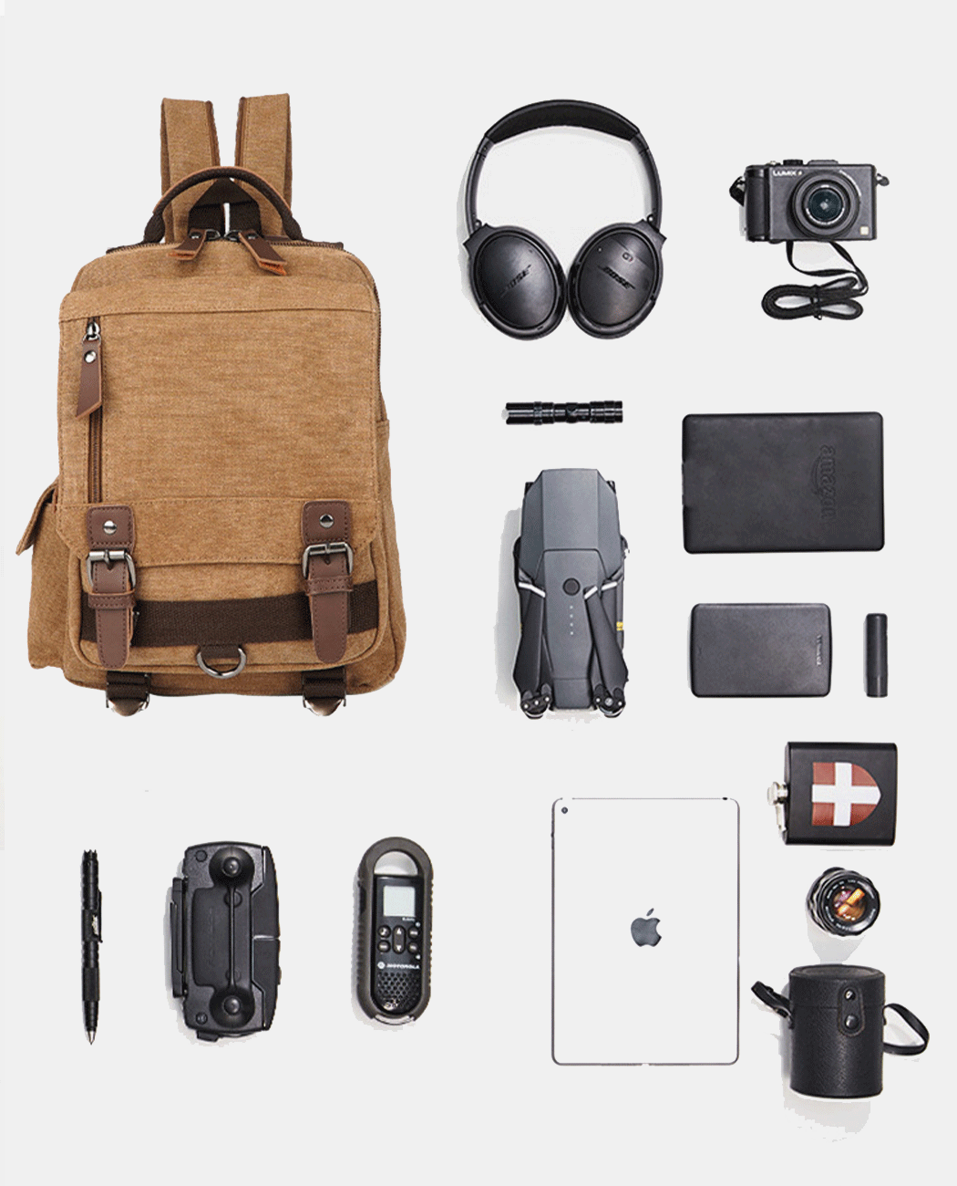Whole view of khaki canvas laptop backpack