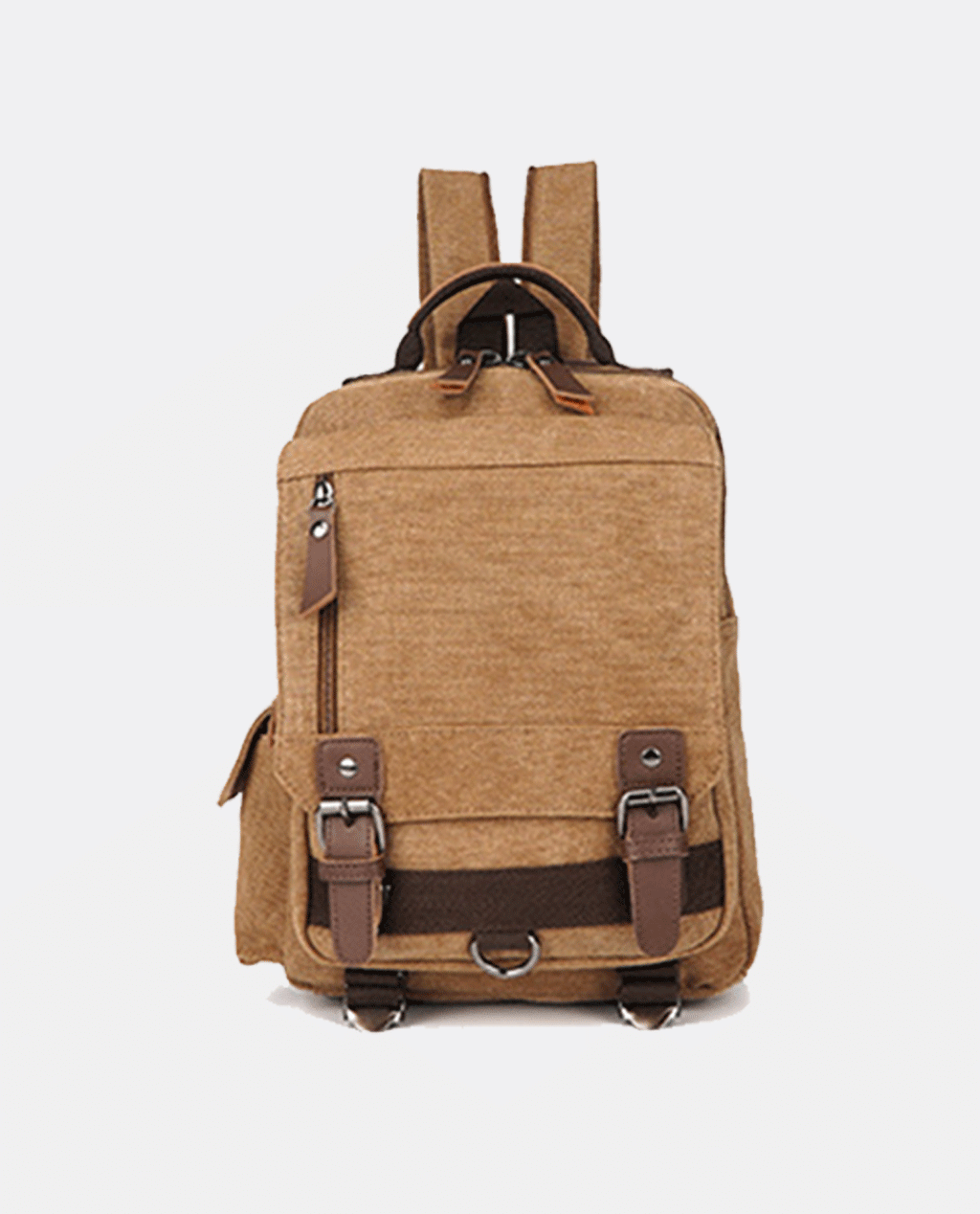 Front view of khaki canvas laptop backpack