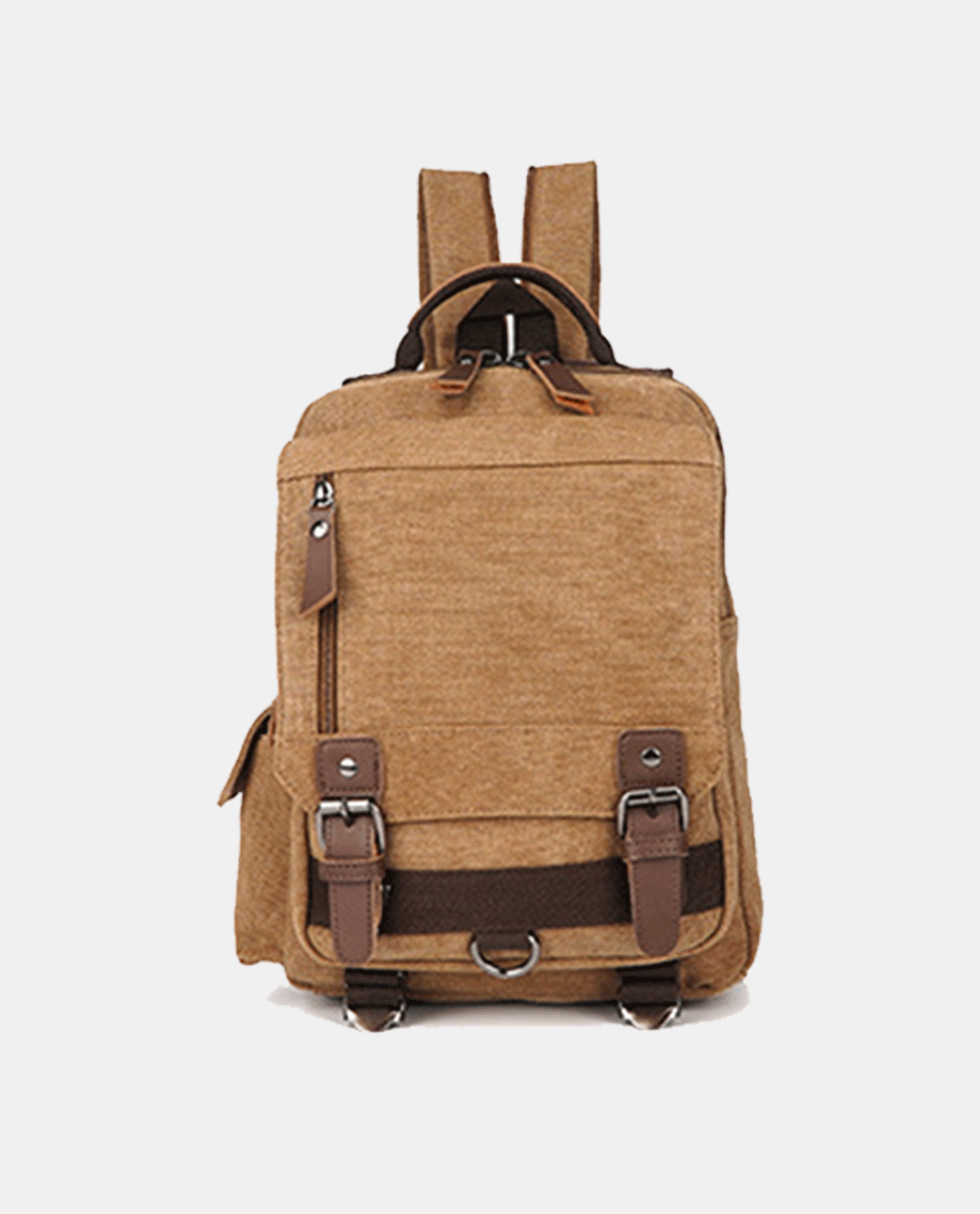 Front view of khaki canvas laptop backpack