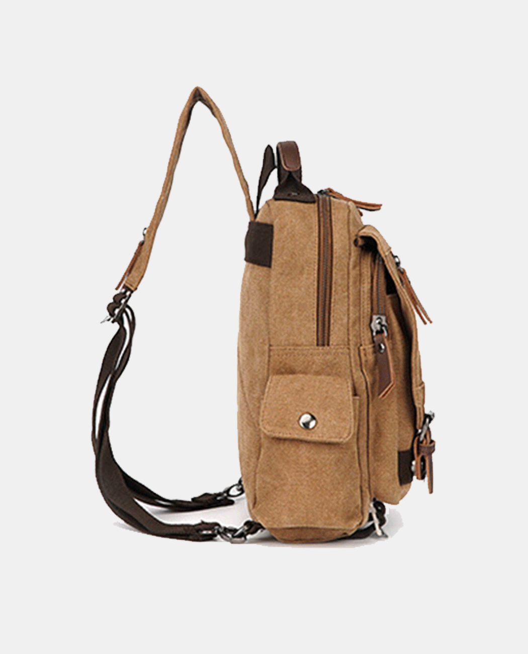 Side view of khaki canvas laptop backpack 2