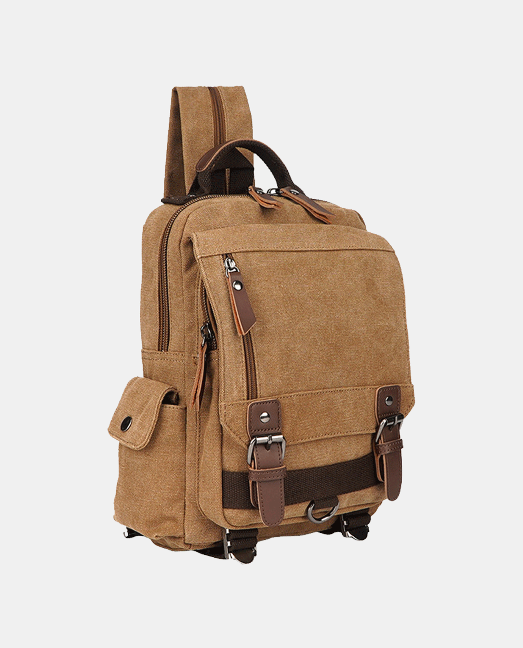 Side view of khaki canvas laptop backpack 1