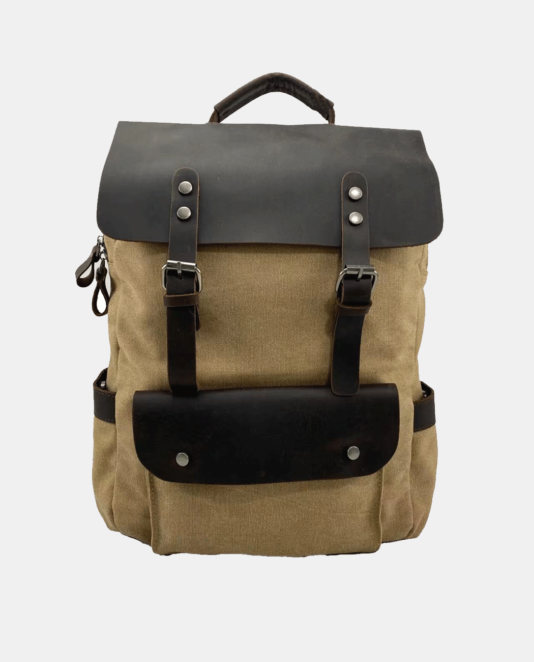 Leather Flip Canvas Backpack – Khaki | BAGHUGS