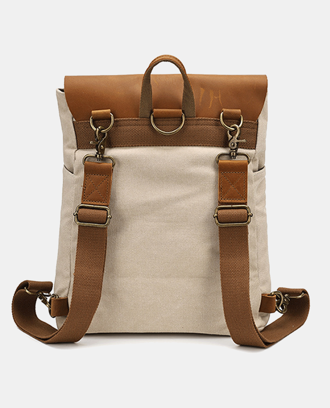 Large Leather Flip Canvas Backpack -Backpacks- BAGHUGS--Brown