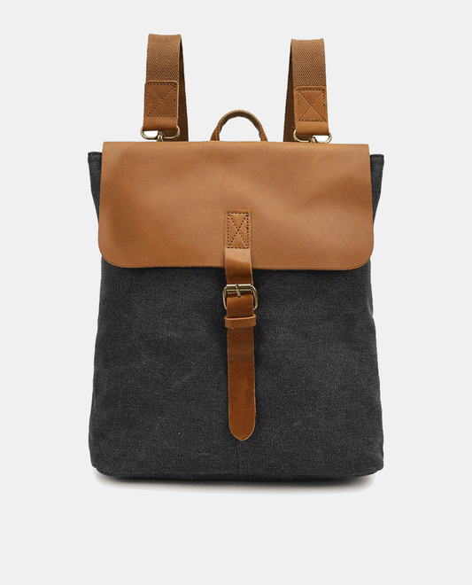 Large Leather Flip Canvas Backpack -Backpacks- BAGHUGS-BYT2110-Black