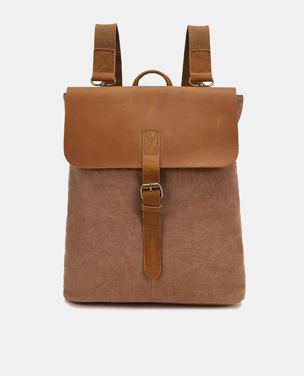 Large Leather Flip Canvas Backpack -Backpacks- BAGHUGS--Brown