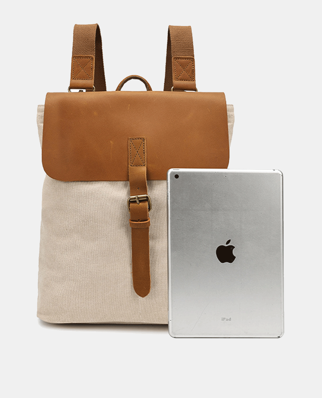 Large Leather Flip Canvas Backpack -Backpacks- BAGHUGS-BYT2111-Khaki