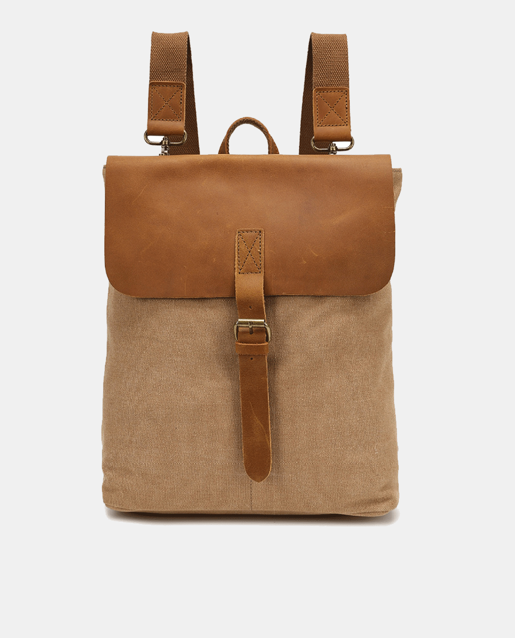 Large Leather Flip Canvas Backpack -Backpacks- BAGHUGS-BYT2111-Khaki