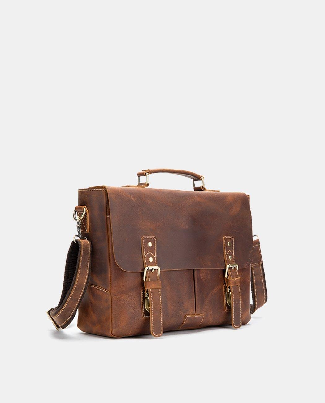 Side view of the brown leather Anchor Messenger Bag for men.