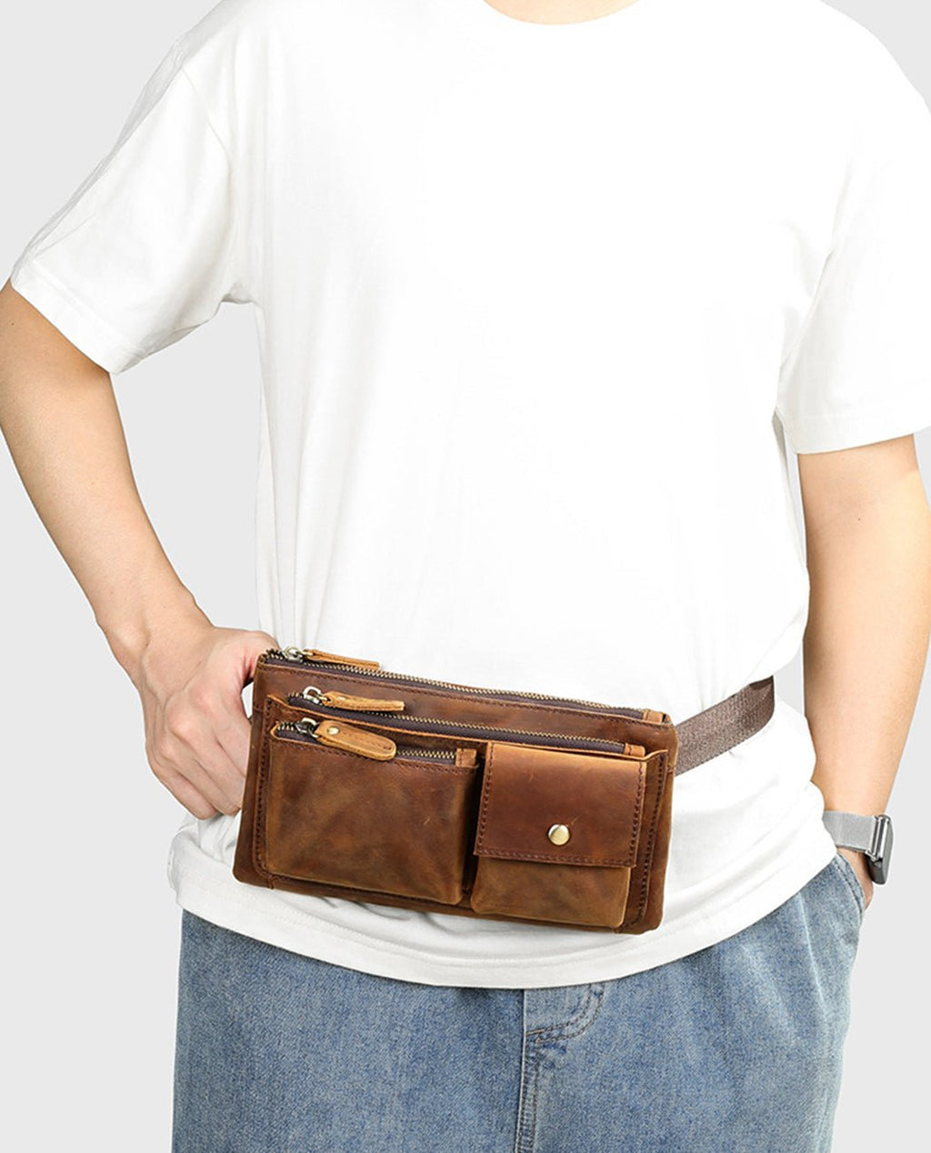 Practical Vintage Leather Waist Bag -Bags- BAGHUGS-LEYB-4668-Dark Brown