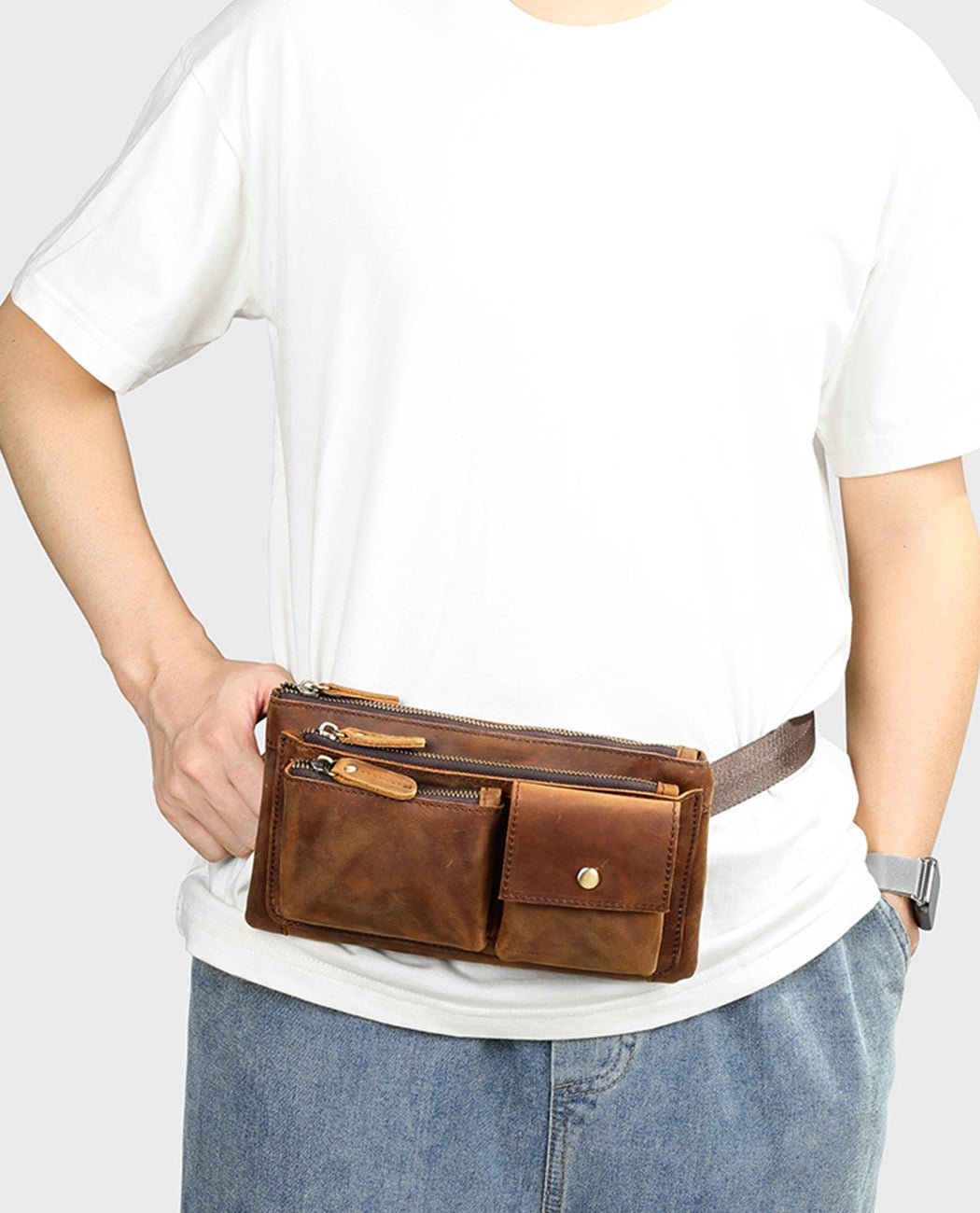 Practical Vintage Leather Waist Bag -Bags- BAGHUGS-LEYB-4668-Dark Brown
