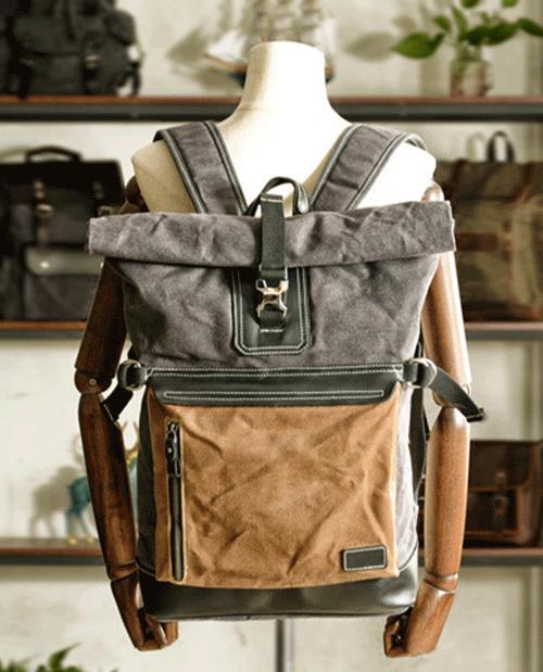 Block Canvas Backpack -Backpacks- BAGHUGS-MC5007-Gray Green