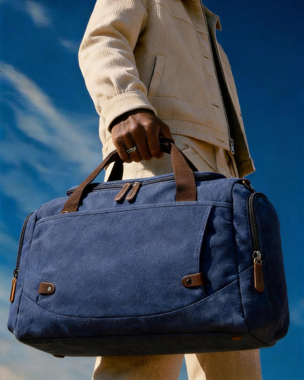 Choco Water-resistant Canvas Duffle Bag - Large Travel Weekender with Leather Trim